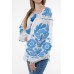 Boho Style Ukrainian Embroidered Folk  Blouse "Boho Flowers" blue on white